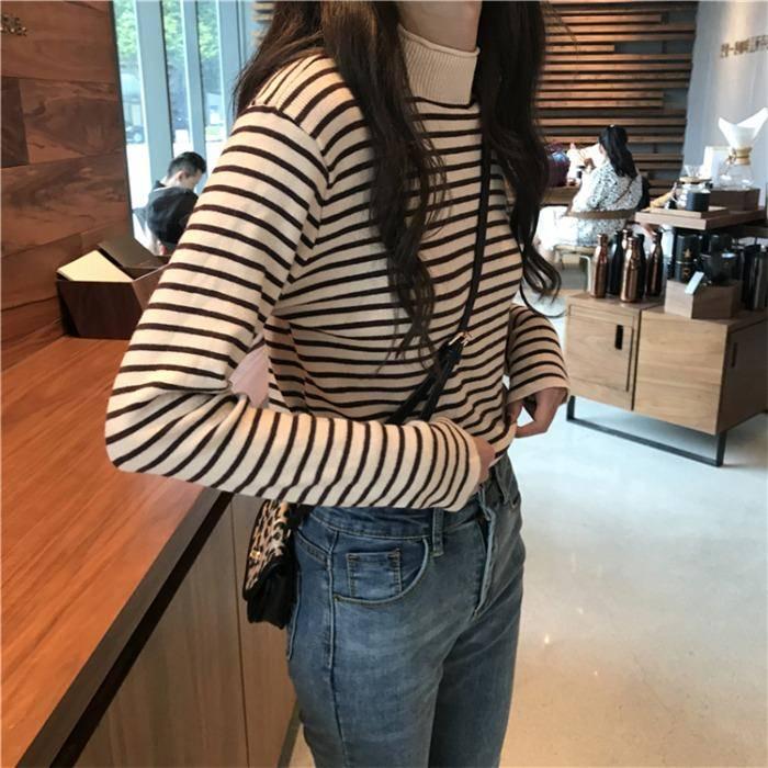Pofulove Wear Half-high Collar Striped Long-sleeved Knitted Bottoming Shirt Sweater Top Women Winter