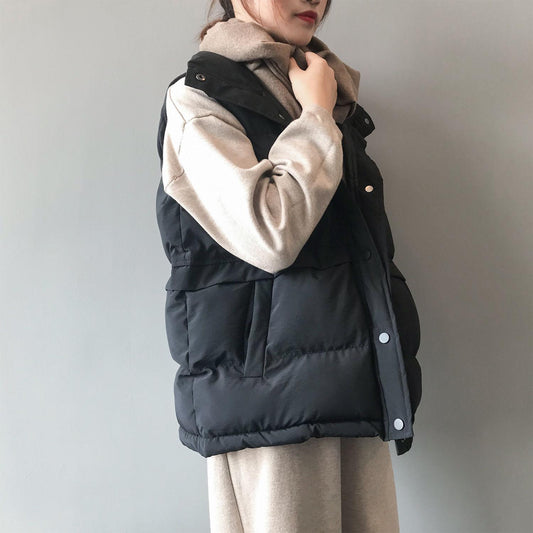 Cotton Vest Women's Short Outer Wear Winter Cotton Jacket Loose Wild Waistcoat Thickened Stand-up Collar Capless Warm Jacket Sleeveless Bread Jacket