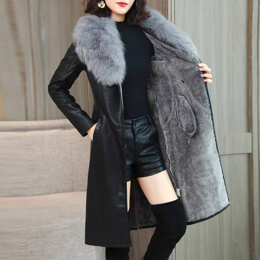 Winter Women's Coat Keep Warm with Fur Fox Collars Slim Female Leather Jacket Plus Size Overcoat