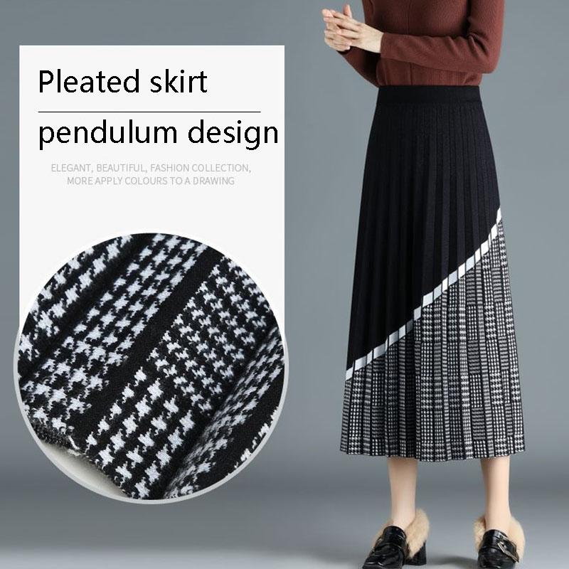 Women's Knitted Skirt Autumn and Winter Thick Retro Knit A-line Skirt High Waist Long Knitted Pleated Skirt Thousand Island Grid Stitching