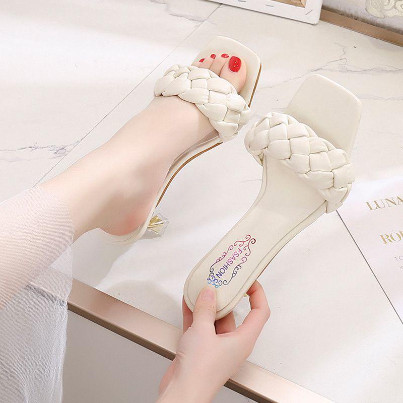 Summer All-match Thin and Woven Square Head High-heeled Sandals Female Fairy Fashion Sandals and Slippers