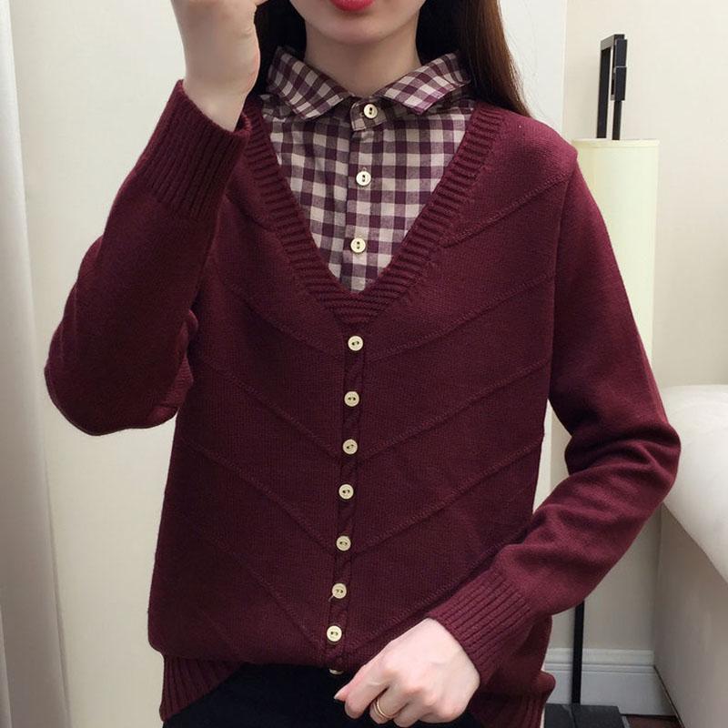 Autumn/Winter Korean Patchwork Pullover Loose Lapel Sweater Female Fake Two Piece Pullover Knitted Sweater Top