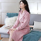 Women's Autumn Winter Coral Fleece Nightgown Mid-length Flannel Bathrobe Solid Color Striped Pocket Belted Dressing Gown Long Sleeves Thick Warm Robe