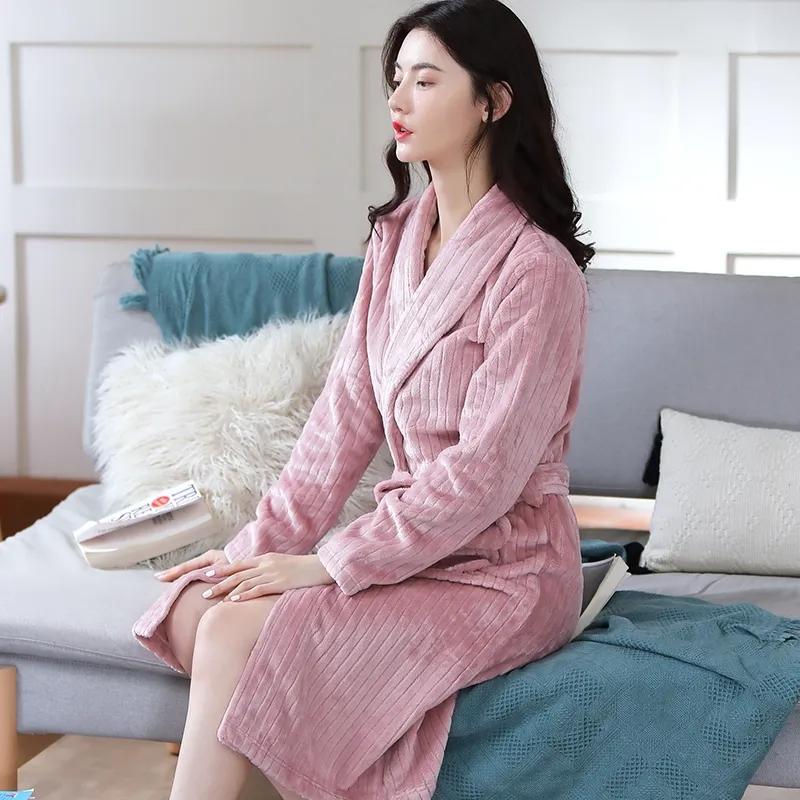 Women's Autumn Winter Coral Fleece Nightgown Mid-length Flannel Bathrobe Solid Color Striped Pocket Belted Dressing Gown Long Sleeves Thick Warm Robe