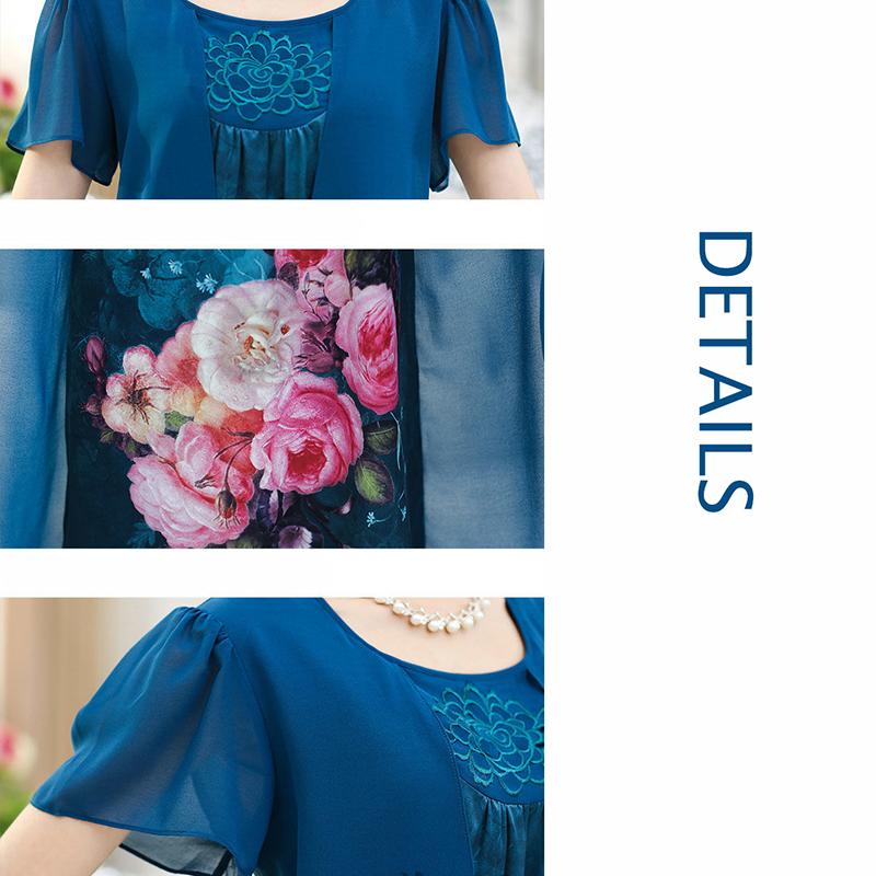 XL-XXXXXL Middle Aged Summer Printed Plus Size Skirt Mother's Dress Mid-length Imitation Silk Chiffon Yarn