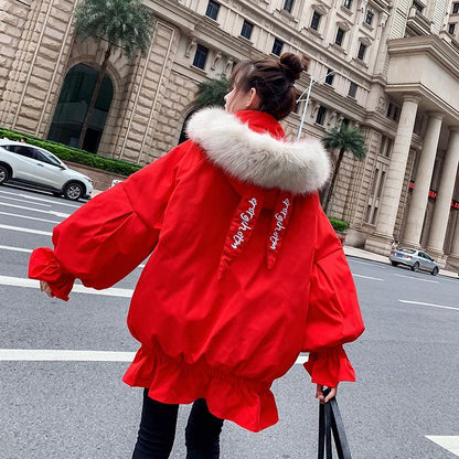 Winter Ruffled Thickened Women's Cotton-padded Jacket Mid-length Fur Collar Hooded Cute Rabbit Ears Cotton-padded Jacket Fashion Warmth Parka Coat