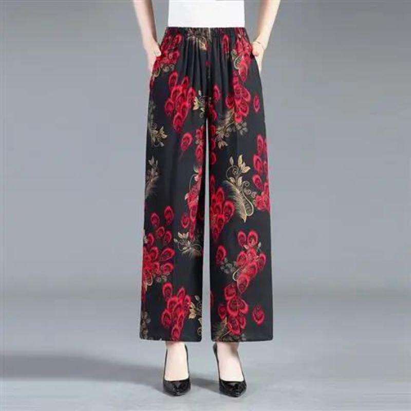 Cotton Silk Pocket Wide-leg Pants, Floral Pants, Nine-point Casual High-waist Rayon Trousers