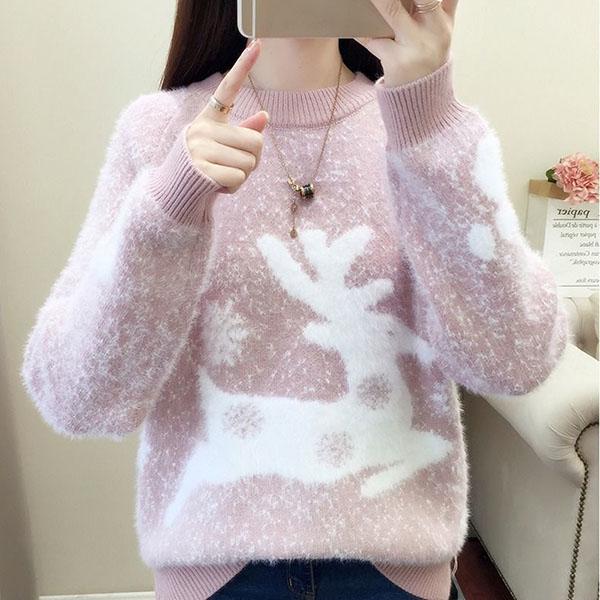 Autumn and Winter Pullover Sweater Thick Knit Sweater Elk Pattern Young Women Bottoming Shirt