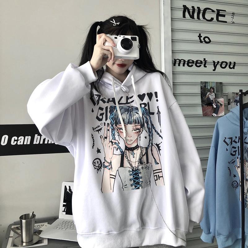 Punk Gothic Hoodies Black White Anime Printed Fashion Japanese Style Pullover Sweatshirts with Chain Girl Hip Hop Hipster Tops Fleece Thick Winter