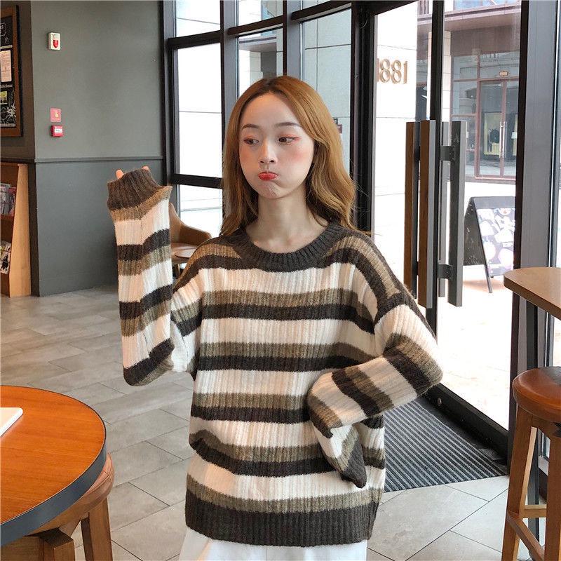 Spring and Autumn Loose Sweater Round Neck Striped Pattern Jacket Fashion Casual Young Women's Top