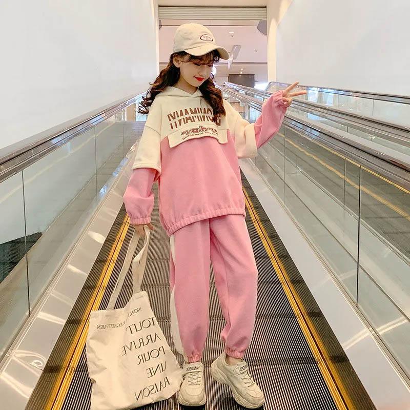 Girls Suit Spring and Autumn Korean Version Sports and Leisure Two-piece Set Letter Printing Pullover Long-sleeved Loose Color Matching Two-piece Set