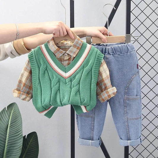 Boys Spring and Autumn Suit Handsome Baby Spring Sweater Vest Three-piece Children's Plaid Shirt Long-sleeved Comfortable Suit