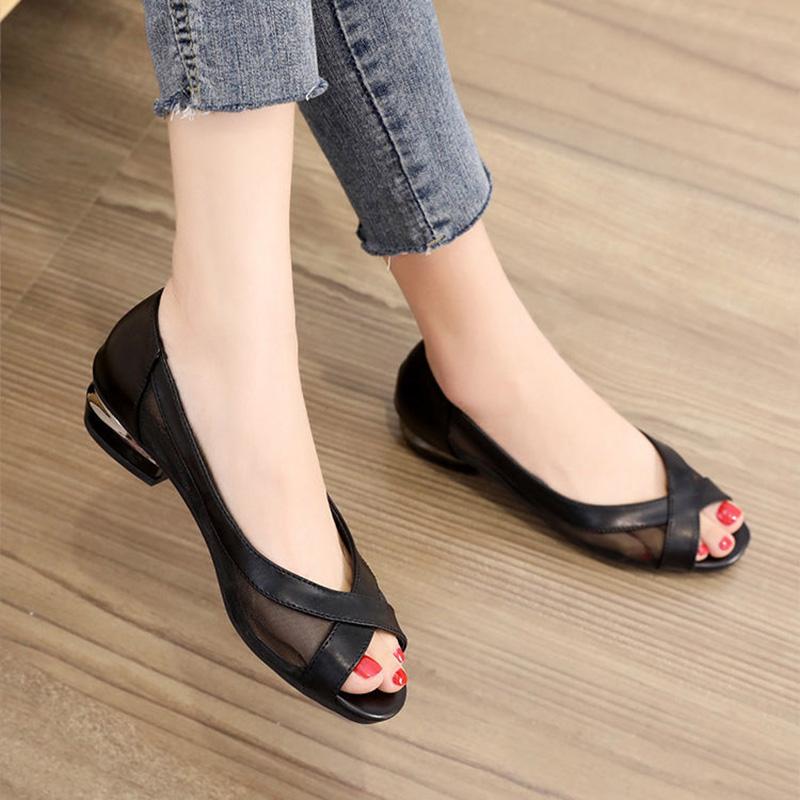 Mesh Sandals Women's Fashion All-match Single Shoes Summer Low-heel Soft Leather Fish Mouth Women's Shoes Summer Flat Shoes