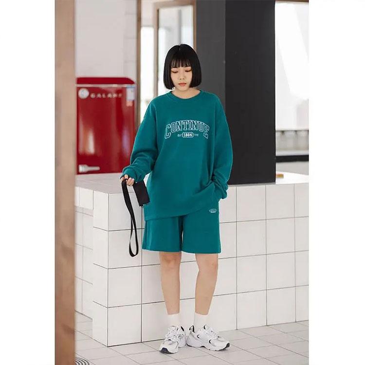 2PCS Spring and Autumn Sports Suit Women's Lazy Wind Solid Color Casual Sweater + Loose Shorts Suit Two-piece Set Hip Hop Athletic Clothing Sets