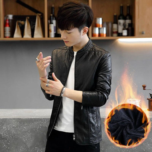 Fashionable Slim-fit Men's Leather Jacket with Stand-up Collar Pu Leather Handsome Motorcycle Leather Jacket