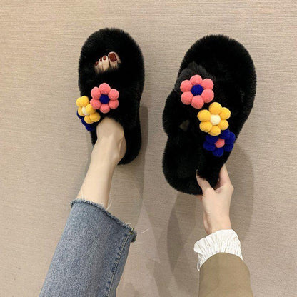 Hairy Slippers Women Winter Warm Comfortable and Cute All-match Flower Cotton Slippers Home Slip-resistant Women's Cotton Slippers