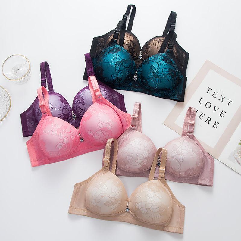 Lace Pattern Diamond Pendant Large Size Thin Bra Without Steel Ring Gathered Sexy Bra Ladies Underwear Light and Breathable