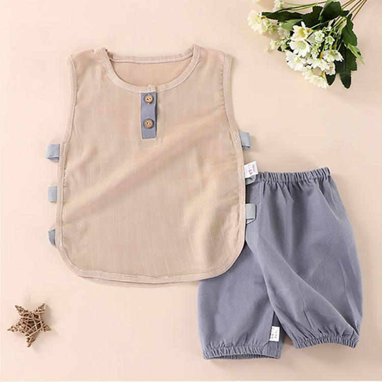 Children's Suit Summer Thin Boys and Girls Baby Breathable Stitching Button Sleeveless Shorts Two Piece Set Casual Wear