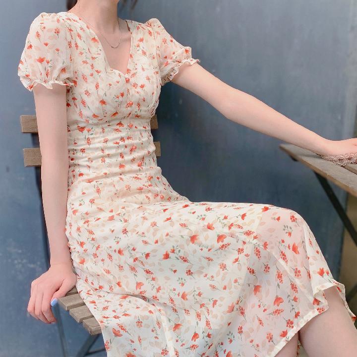Chiffon Floral Short Sleeve Temperament V-neck Dress Medium Length Women's Summer French Retro Waist Slim Platycodon Skirt
