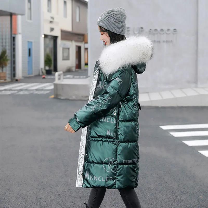 Winter Women's Bright Face Wash-free Down Padded Jacket Korean Style Loose and Thick Mid-length Large Fur Collar Padded Jacket Tide