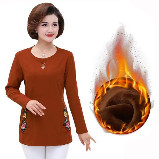 Plus Fleece Spring and Autumn Bottoming Shirt Long-sleeved Mother Wear Autumn T-shirt Top Small Shirt Middle-aged Women's Clothing