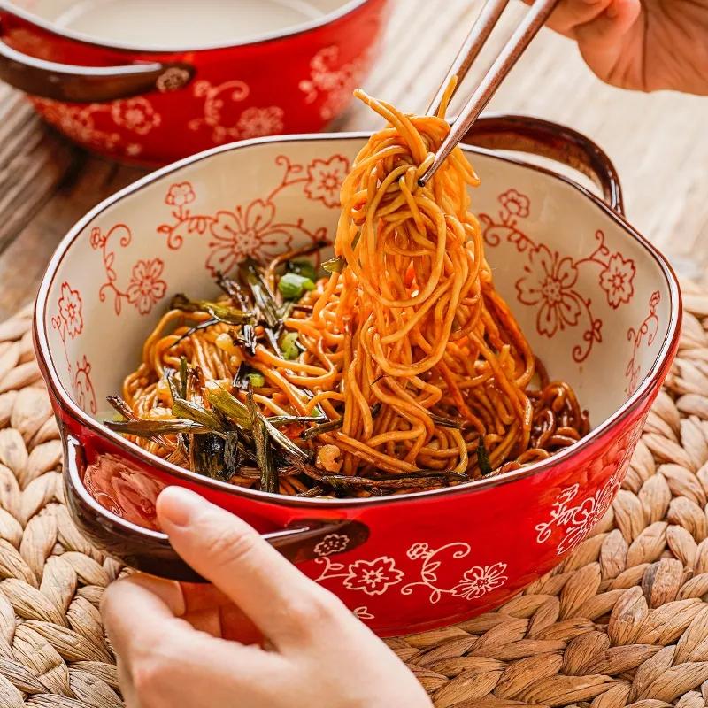 Binaural Soup Bowl Bowl Ceramic Tableware Bowl Creative Noodle Bowl Soup Bowl Japanese Ramen Instant Noodle Bowl