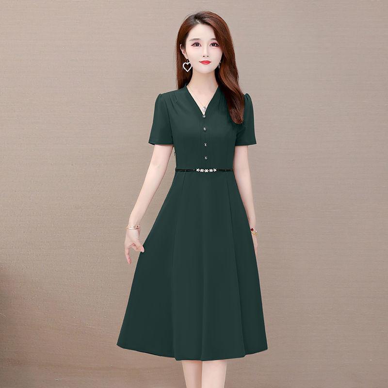 Women's Dress Summer Loose Casual Large Size Medium Long Short Sleeve Waist V-neck A-line Long Skirt