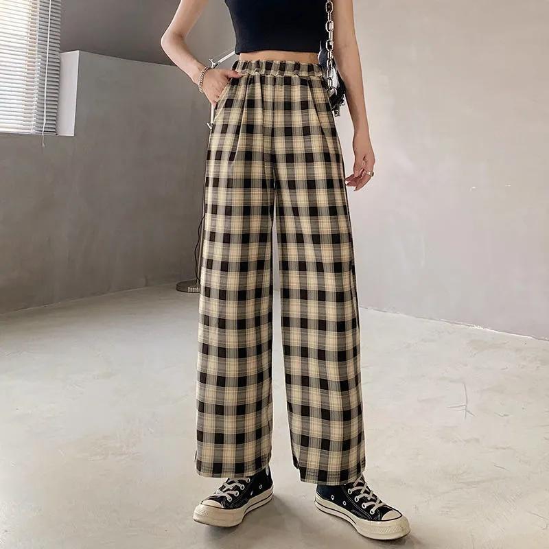 Women's Summer Plaid Trousers Korean Style Japanese Loose Thin Wide-leg Pants All-match Straight Casual Pants Retro High Waist Elastic Pants