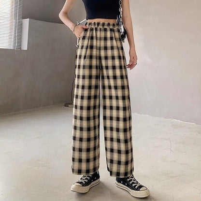 Women's Summer Plaid Trousers Korean Style Japanese Loose Thin Wide-leg Pants All-match Straight Casual Pants Retro High Waist Elastic Pants