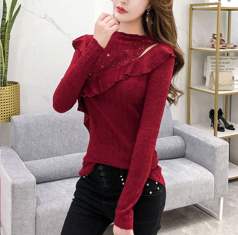 Women's Solid Color Lace Bottoming Shirt Fashion Off-the-shoulder Mesh Low Neck Bottoming Shirt Sexy Thin Knitwear