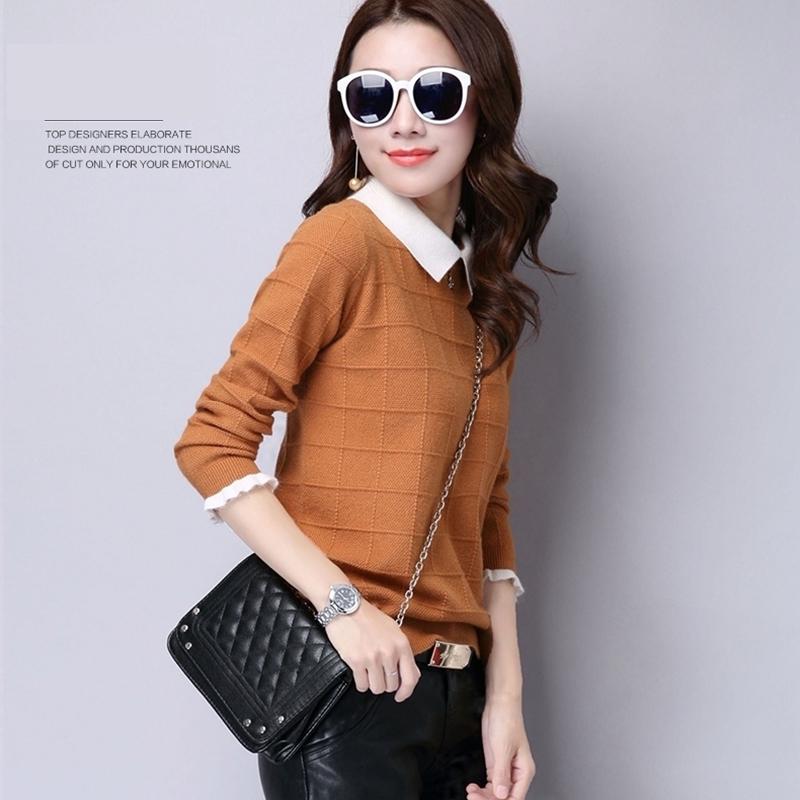 Spring Autumn Winter Fake Two-piece Color-blocking Sweater Women Loose Knit Bottoming Sweater Sweet Doll Collar Pullover Sweater