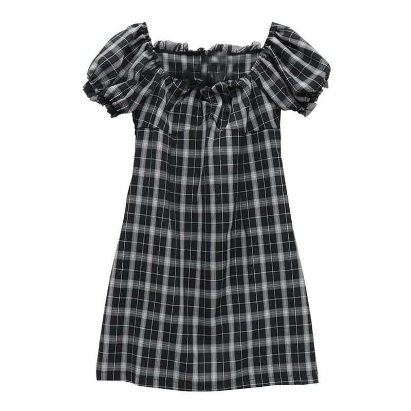 Female Simple Black Plaid Waist Slim Square Neck Hip Short Slim One Piece Striped Party Dress