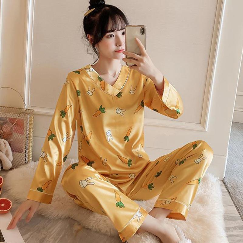 Ice Silk Pajamas Set V Neck  Long-sleeved Set for Womens Spring Autumn Thin Flower Cartoon Printed Outer Wear Home Clothes Two Pieces Set