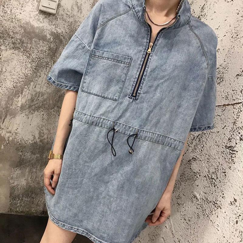 Sexy Women's Denim Dress Short Sleeve Stand-up collar Above The Knee Zipper Daily Wear Office Dating Party