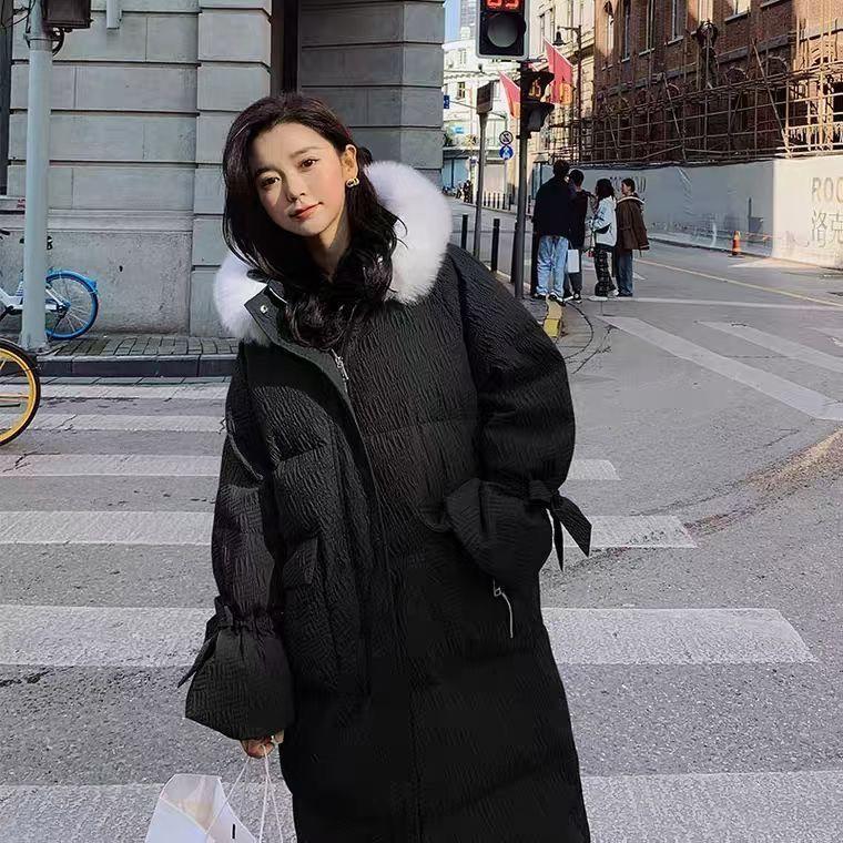 Winter Cotton High-end Temperament Jacket Women Winter Warm Sweet Wind Hooded Mid-length Down Cotton Jacket Fluffy Fur Collar Thick Warm Jacket