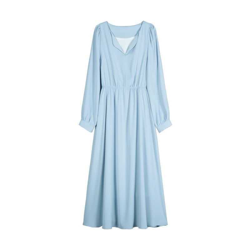 Small Lapel Chiffon Dress Female 2021 Spring and Autumn Waist Loose and Thin Solid Color Small Fresh Mid-length Dress
