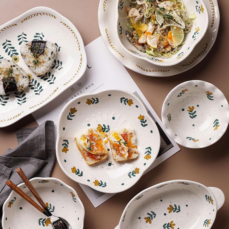 Retro Ceramic Bowl with Hand-painted Plate Set Creative Instant Noodle Soup Bowl Baking Dish Dish Salad Bowl Underglaze