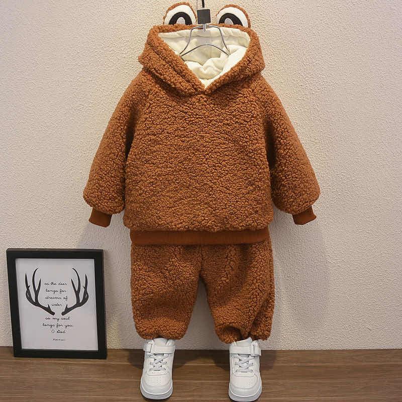 Lamb Wool Autumn and Winter Clothes Girls Thickening Suit Male Baby Plus Velvet Two-piece Baby Children's Clothing