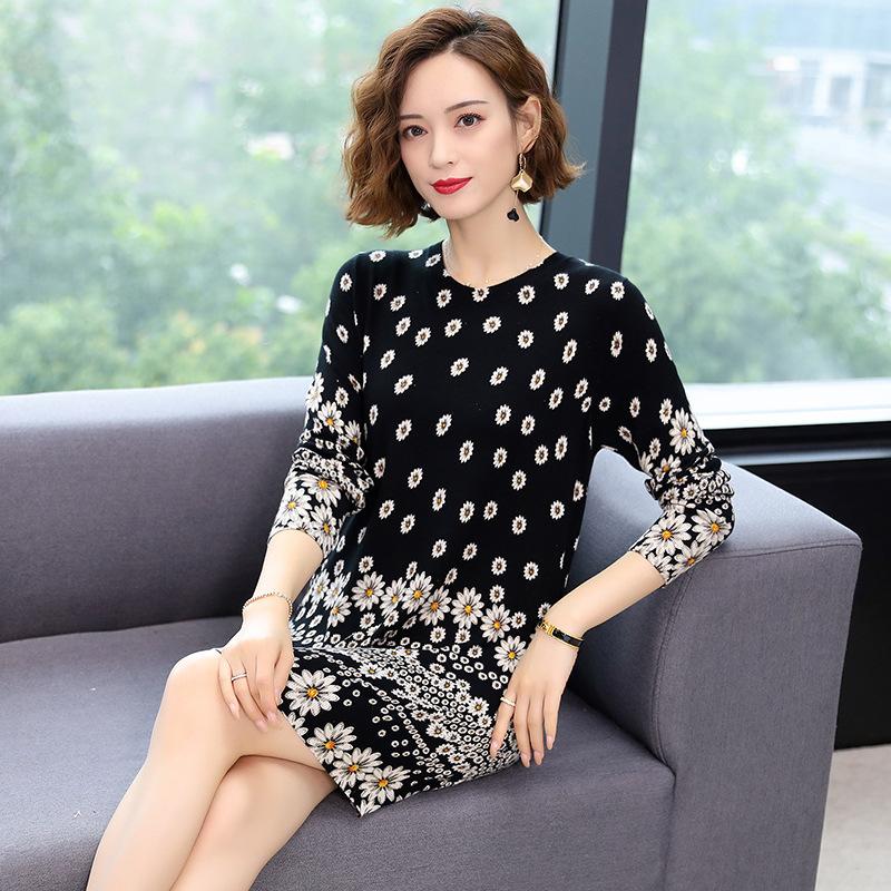 Floral Print Sweater Dress Women Autumn Winter  Knitted Pullover O-Neck Long Sleeve Long Knit Dress