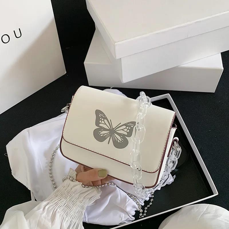 Butterfly Print Chain Shoulder Bags Casual Female Crossbody Bags Portable PU Leather Multi-Layer Transparent Chain Handbag