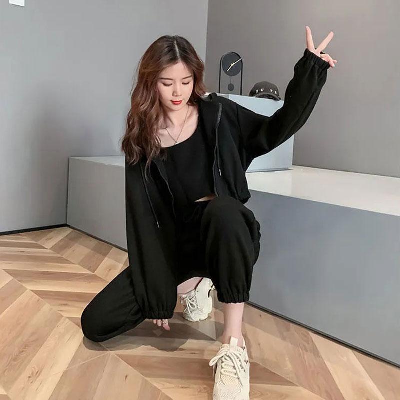 3PCS Sports Suit Women's Casual Sweater + Vest + Loose Trousers High-end Fried Street Three-piece Women's Fitness Sports Suit