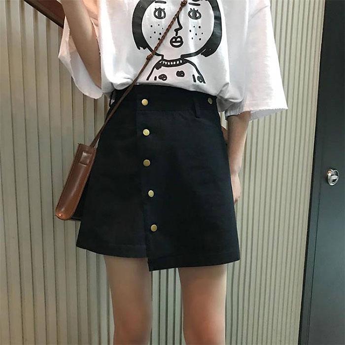 Women Summer High Waist Irregular Denim Skirt Student Anti-Light Thin Black A-line Short Skirt
