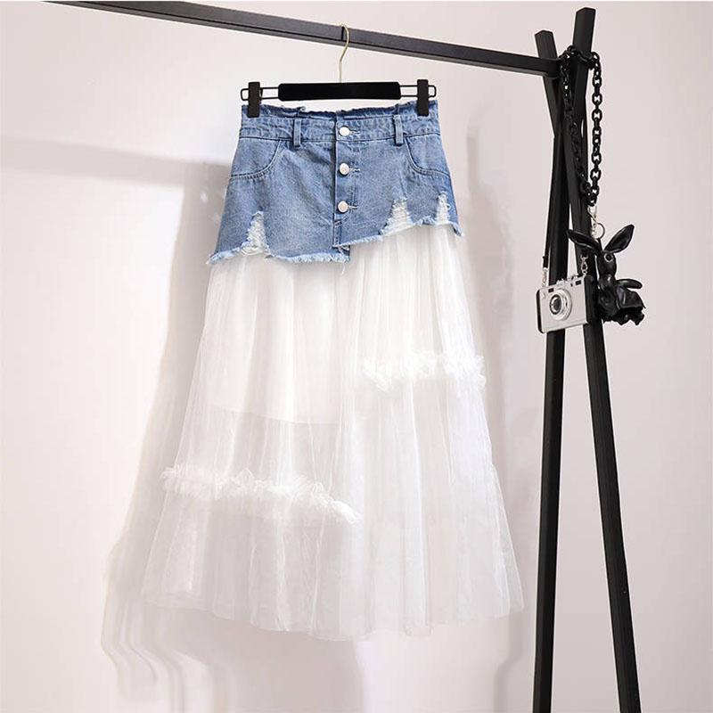 Women Skirt Set Off-shoulder Blouse Denim Stitched Mesh Skirt Two-piece Set for Party