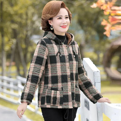 Winter Plus Velvet Cotton Jacket Women's Plaid Short Hooded Cotton Jacket Suitable for Middle-aged Women
