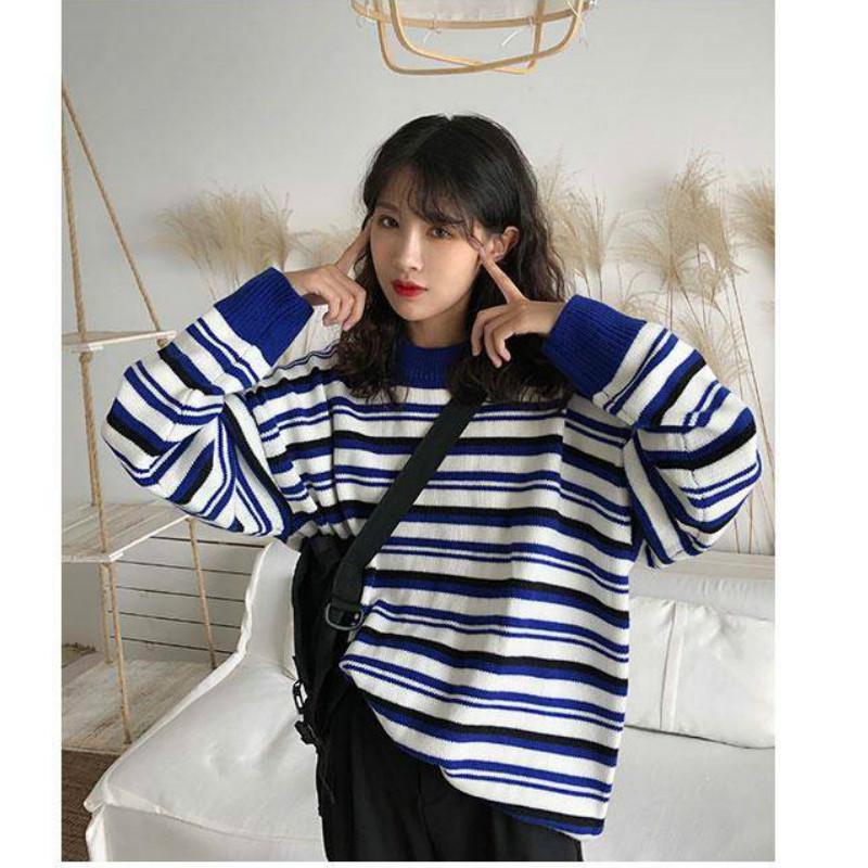 Pofulove Autumn Winter Japanese Striped Sweater Female Korean Loose Wild Round Neck Pullover Sweater