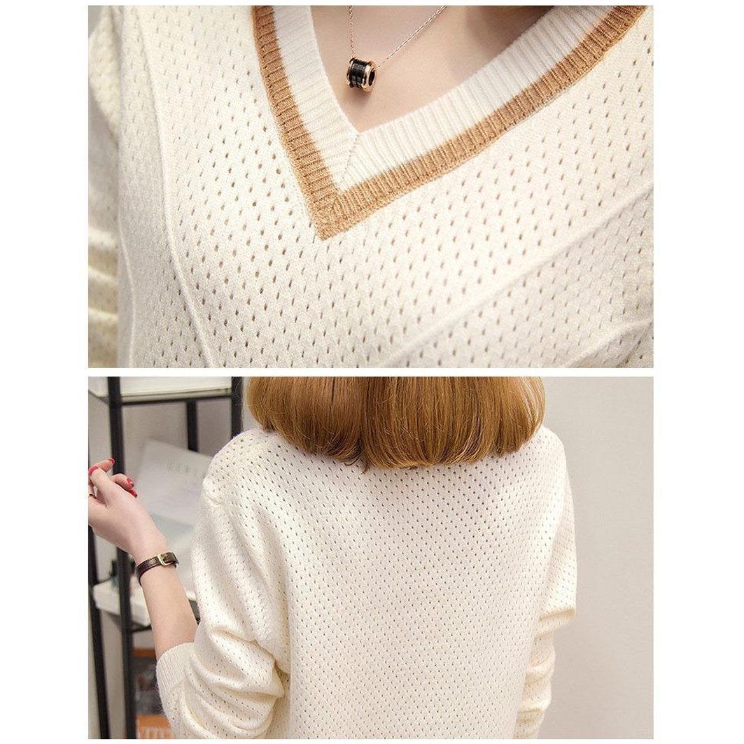 Winter Women Sweater Long Sleeve Solid Color Cutout Casual Pullover Loose V Collar  Ladies Sweater