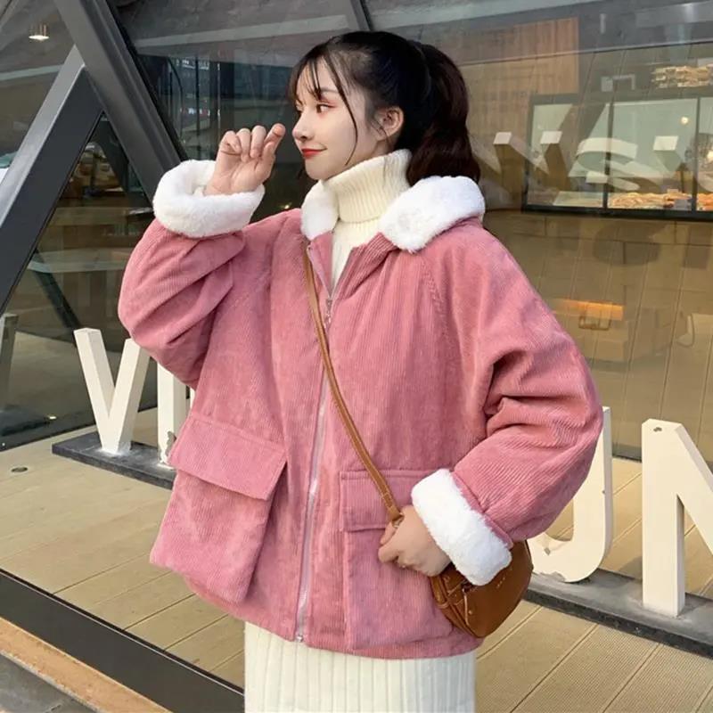 Cotton Plus Velvet Loose Hooded Corduroy Long-sleeved Cotton-padded Jacket Female Student