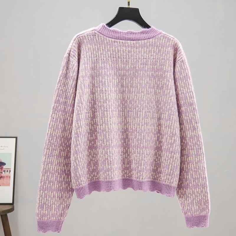 Cardigan Women's Autumn Plaid Long-sleeved V-neck Knit Sweater Coat Korean Style Loose Sweater Women