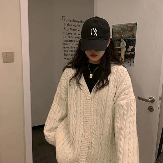 Autumn and Winter Women's Outer Wear Warm Sweater Casual Loose Thick Retro All-match Korean Twist Knitted Cardigan