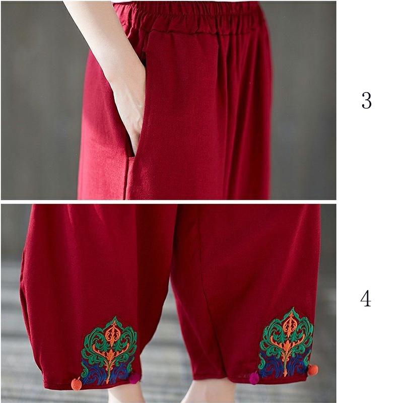 WTEMPO L-XXXXL Cotton Linen Pants Women Ethnic style Loose Elastic Waist Solid Color Casual Trousers